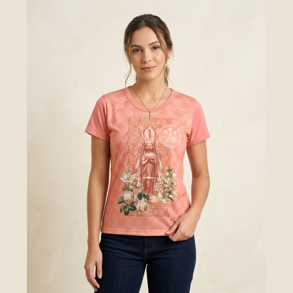 Camiseta Baby Look Católica - Nossa Senhora Aparecida e Sagrado Coração de Jesus