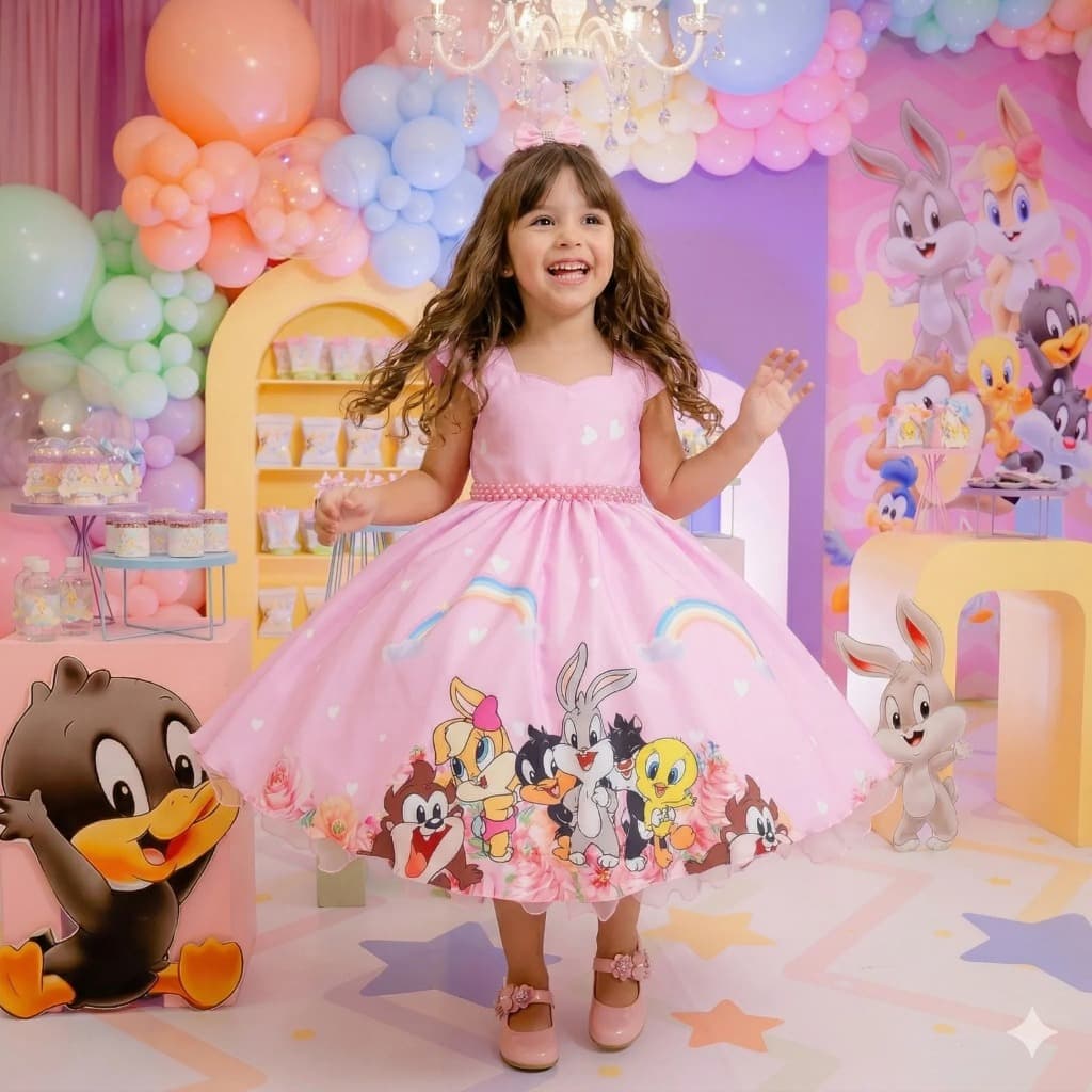 Vestido Infantil Looney Tunes Rosa Festa Temática Menina