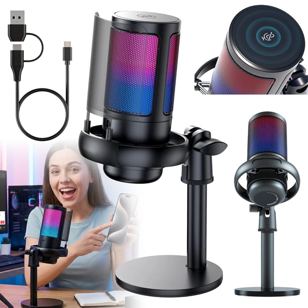 Microfone Gamer USB RGB Condensador Cardioide ENC Mic PC Celular Podcast Streaming Plug Play