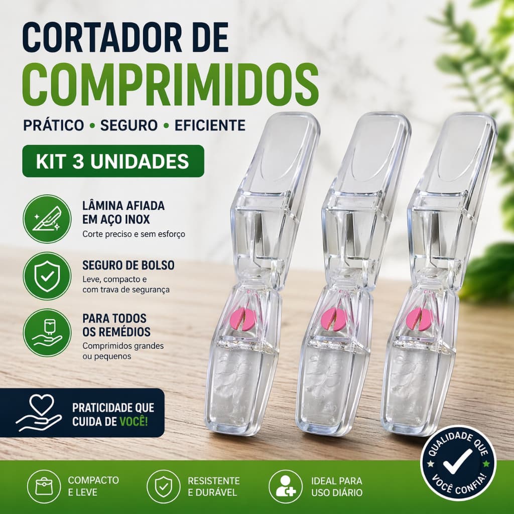 Cortador de Comprimidos com Lâmina em Aço Inox Seguro de Bolso para todos Remédios KIT 3 Unidades