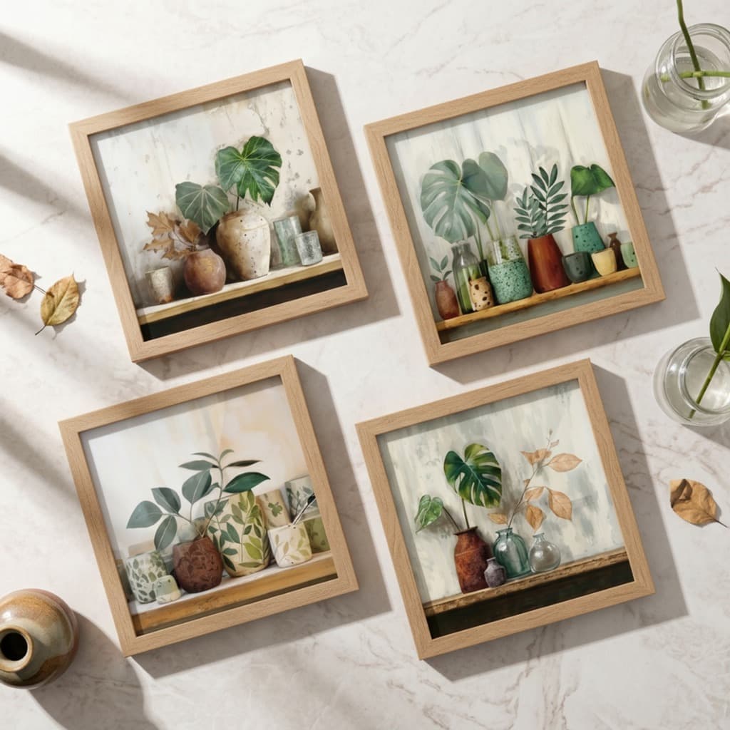 Kit 4 Quadros Decorativos 18x18 Plantas Folhagens Botânico Moderno Moldura Vidro Sala Quarto Cozinha