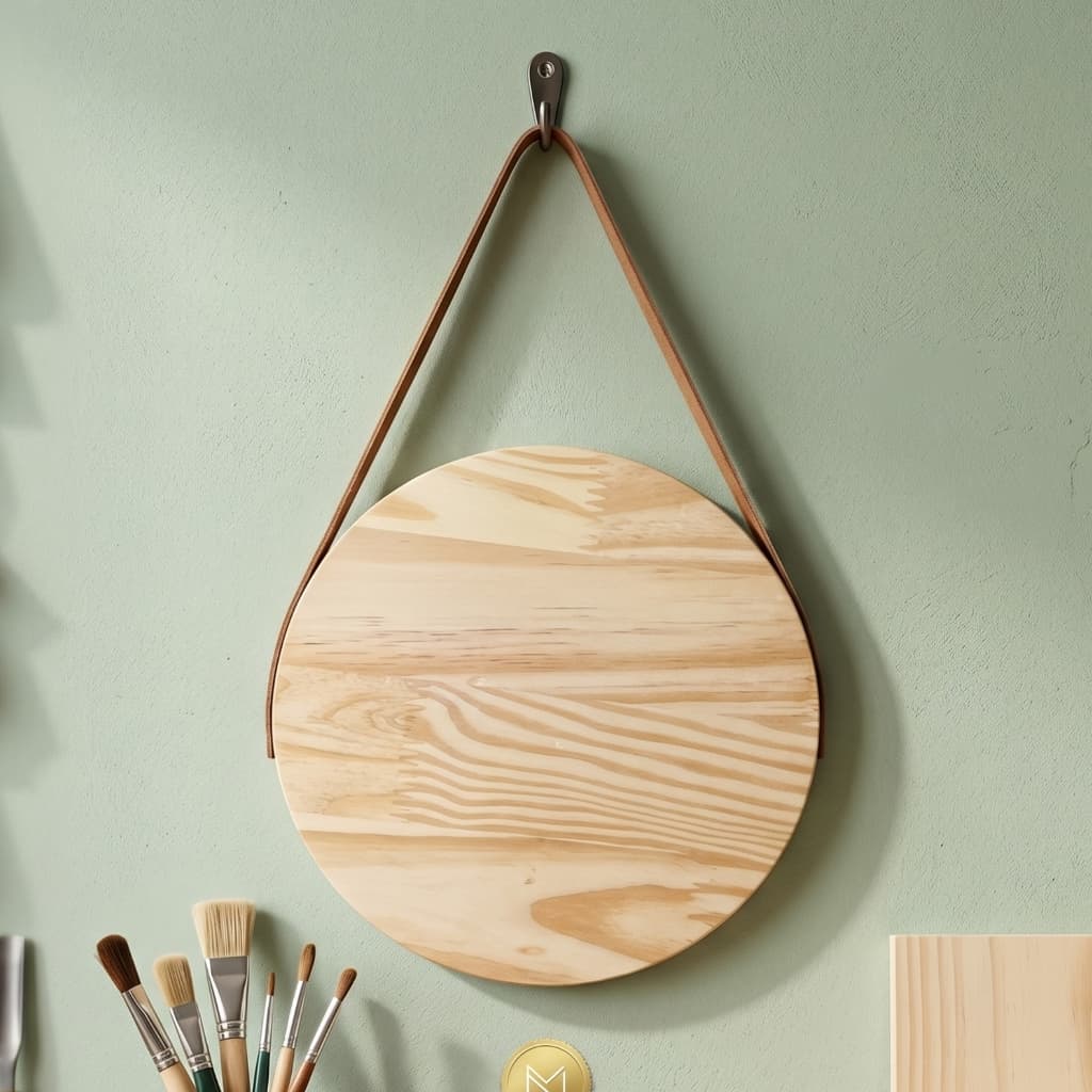 Placa de Madeira Para Artesanato de Pinus Redonda 24cm com Alça de Couro