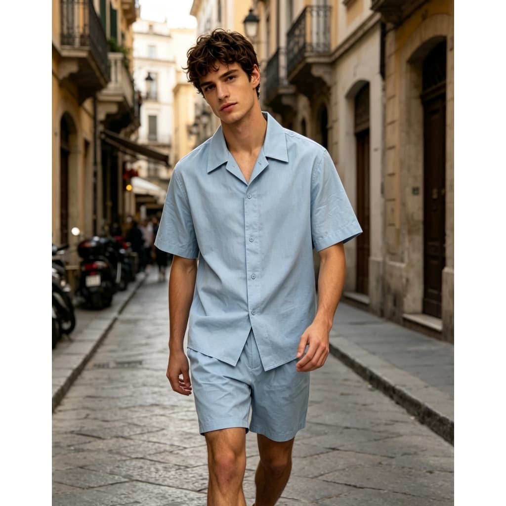 Conjunto Social Masculino Shorts E Camisa Manga Curta Liso  Crepnho