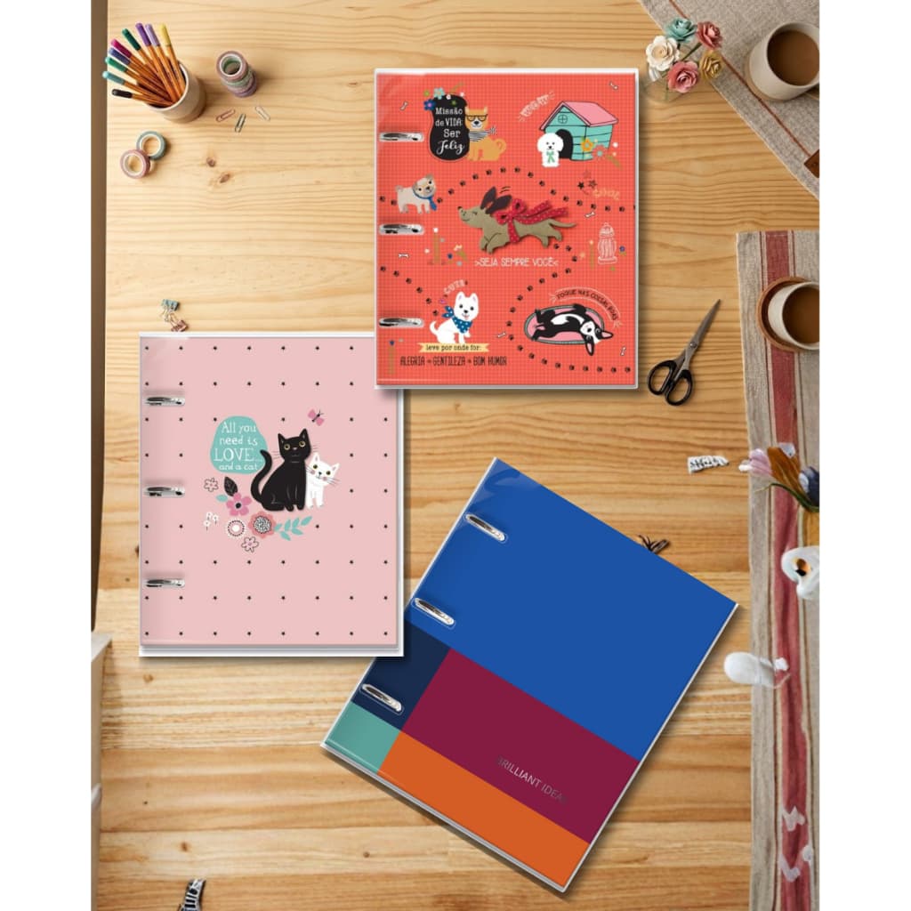 Caderno Colegial Argolado - Fina Ideia - Cachorro Amigo , Gatos, Croma
