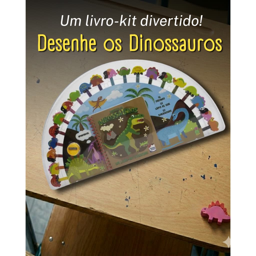 Um livro-kit divertido! Desenhe os Dinossauros- Kit de colorir, livro de colorir, kit de desenhar
