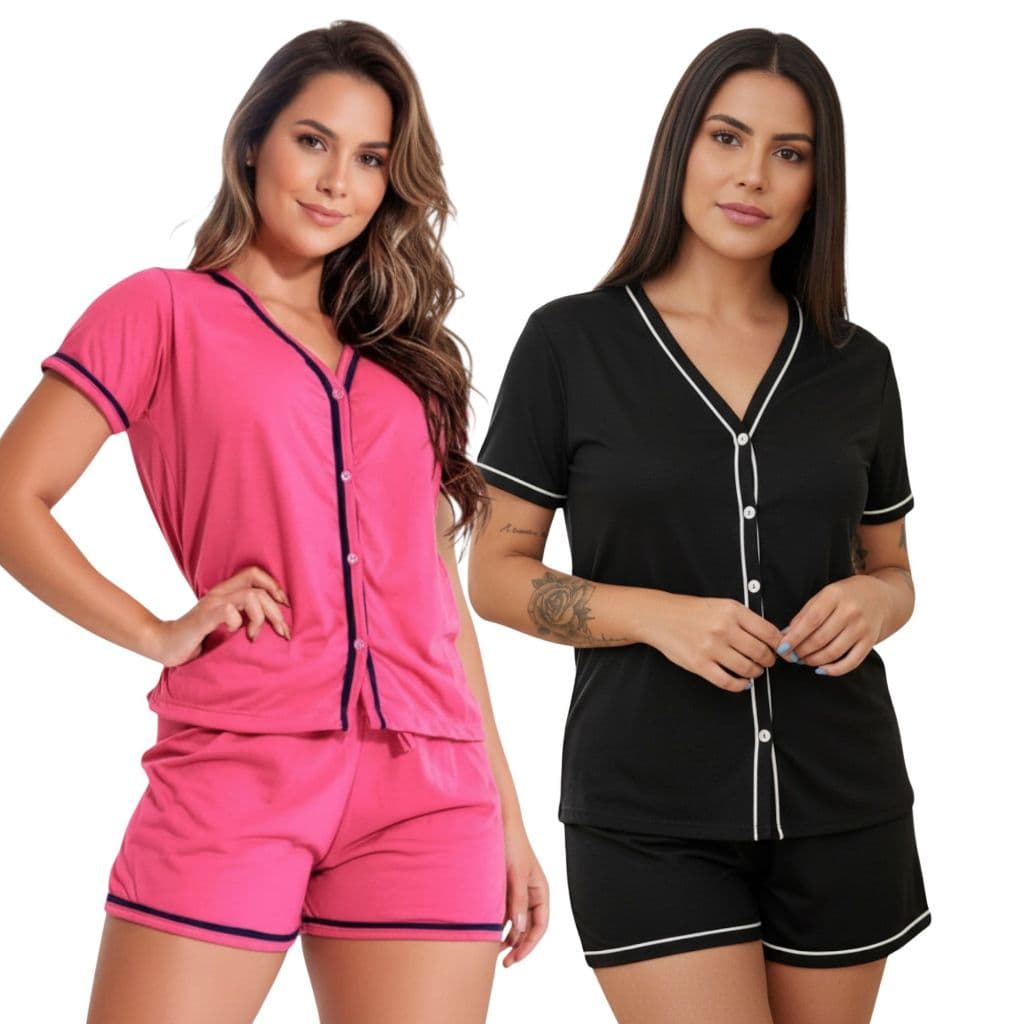 Kit 2 Pijamas Baby Doll Amamentação Americano Cirúrgico com botões em Malha