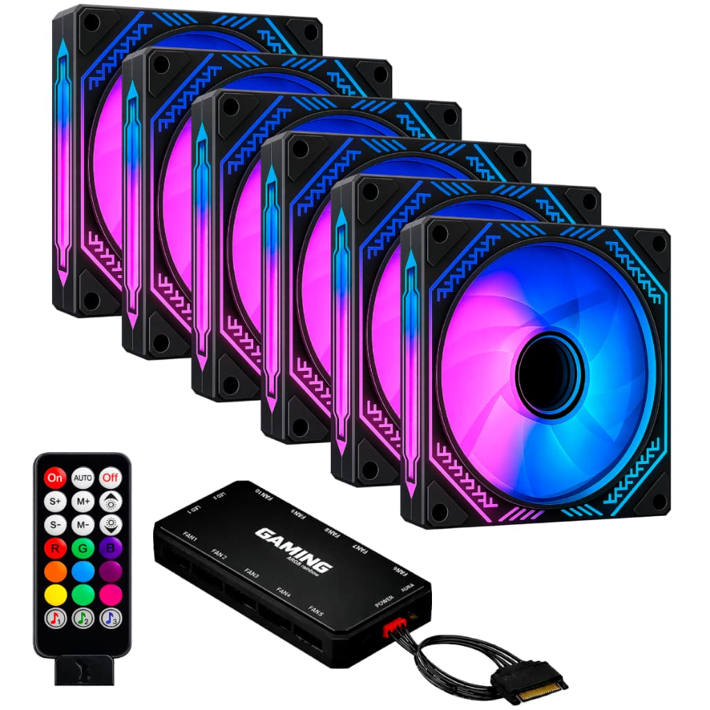 Kit 6 Fans Cooler Ventoinhas Aura Black Infinity ARGB Pc Gamer C/ Controladora Hub Preto