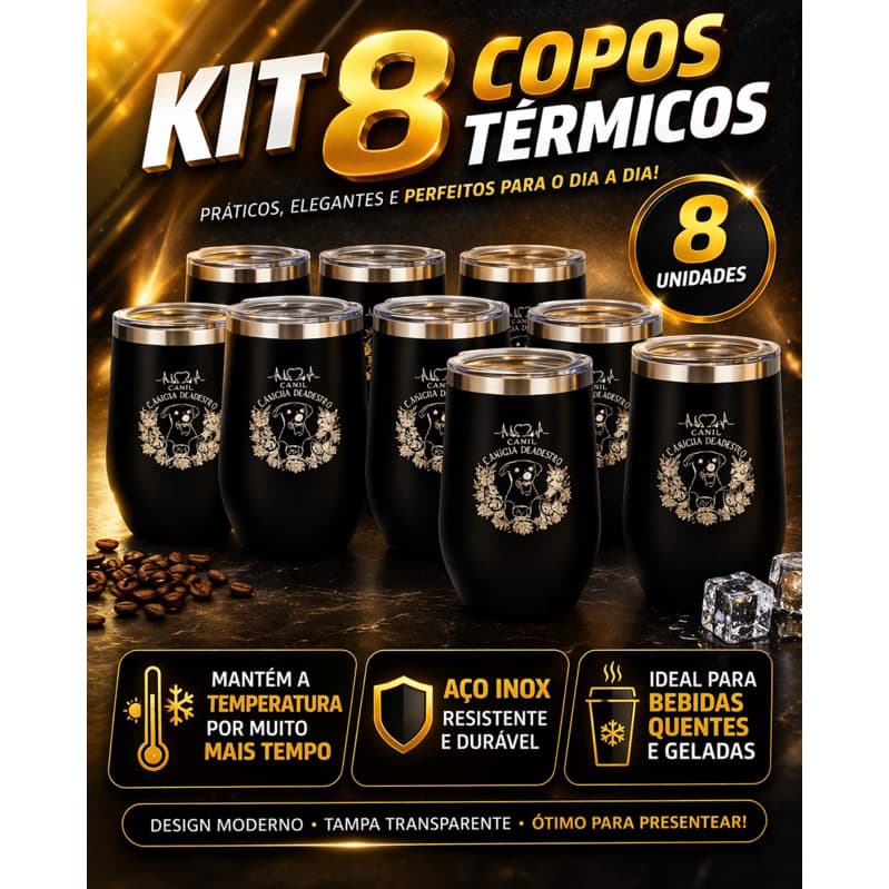 Kit 8 copos térmicos aço inox 350ml Personalizados festa empresas padrinhos casamento com tampa de vedação