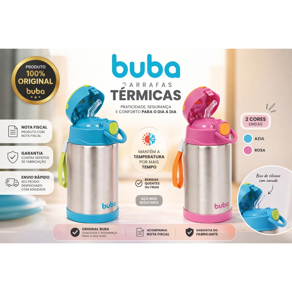Copo Garrafa Térmica Buba Parede Dupla Com Canudo Infantil Bpa Free 400ml