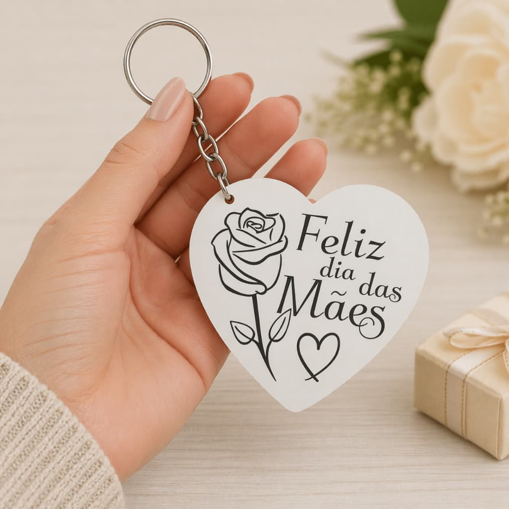 Chaveiro Dia das Mães Personalizado Coração com Rosa – Lembrancinha Delicada
