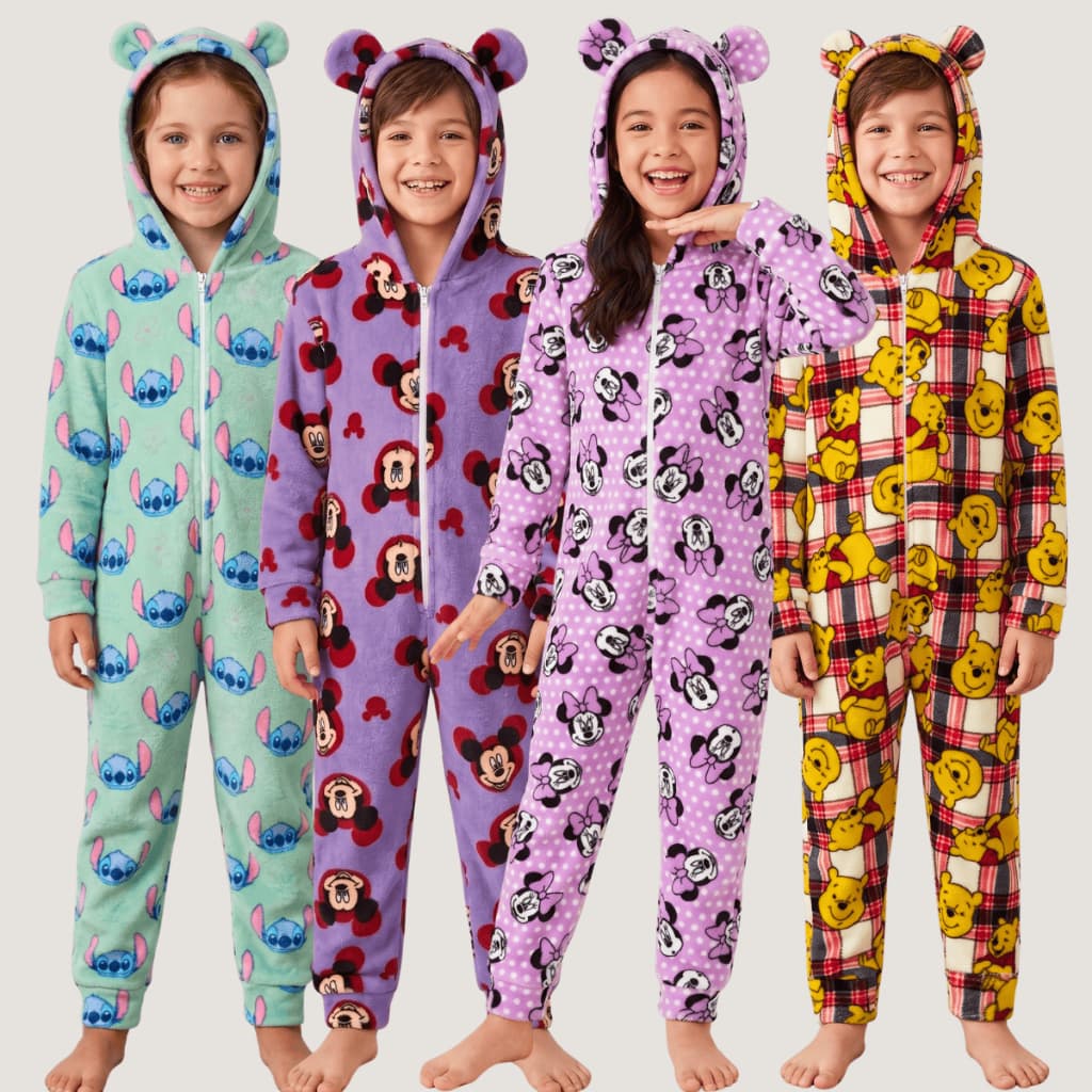 Pijama Macacão Infantil com Capuz Tecido UltraSoft 4 Ao 18 Pijama Inverno Infantil Juvenil