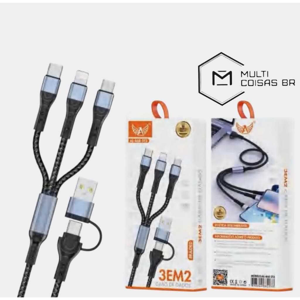 Cabo de Dados 3 em 1 Reforçado (Micro USB, USB-C e Lightning) – Carregamento Rápido e Alta Durabilidade