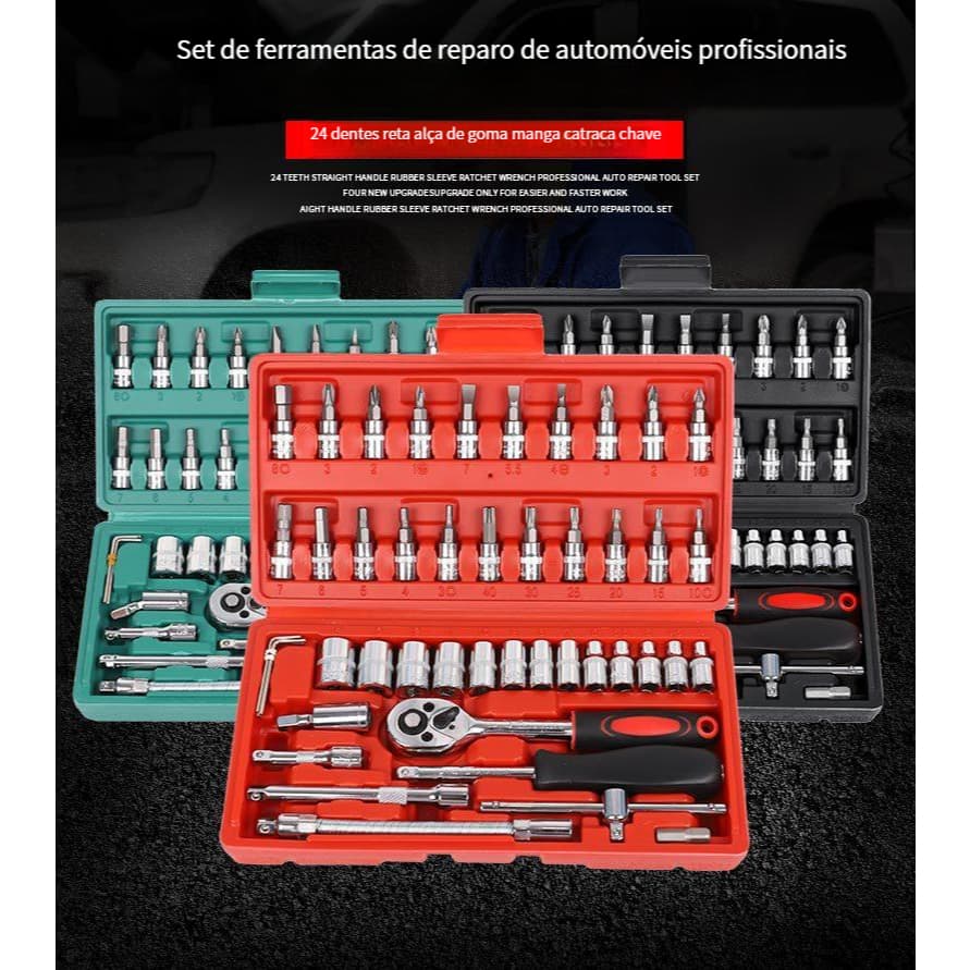 46 Peças Verde Kit Chaves Jogo Catraca Reversível Soquetes Maleta Promoção