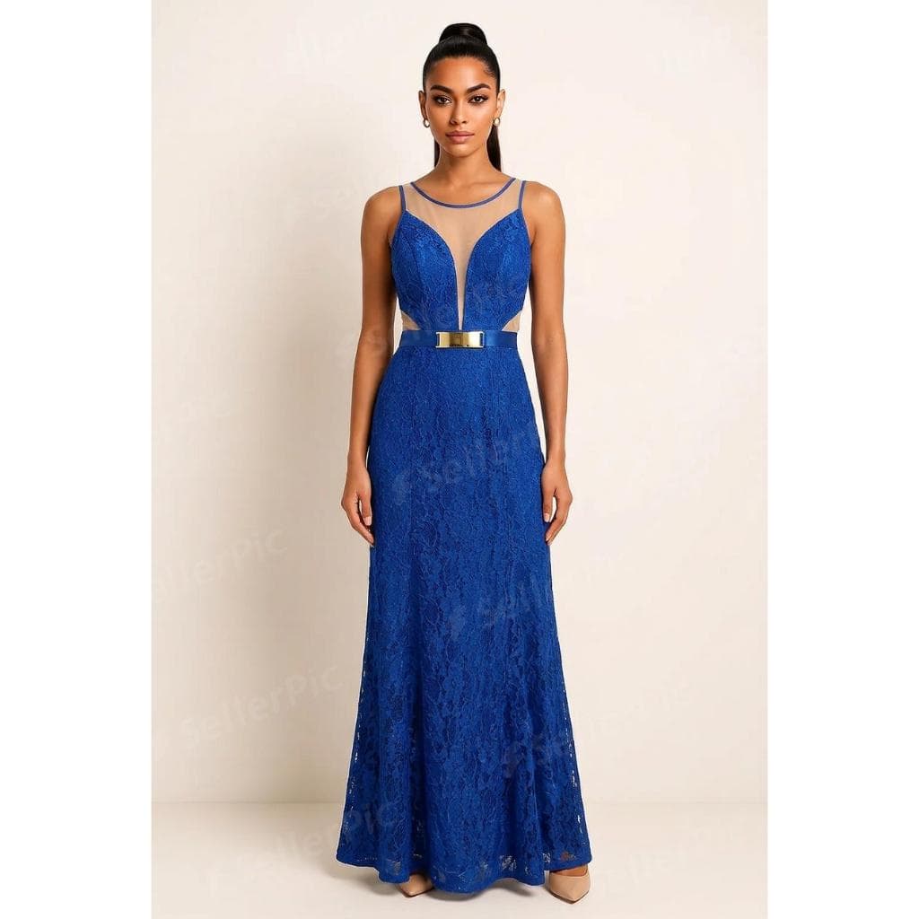 Vestido Longo  Feminino Azul Royal Renda Cetim Tule Tamanho P para Eventos e Festas