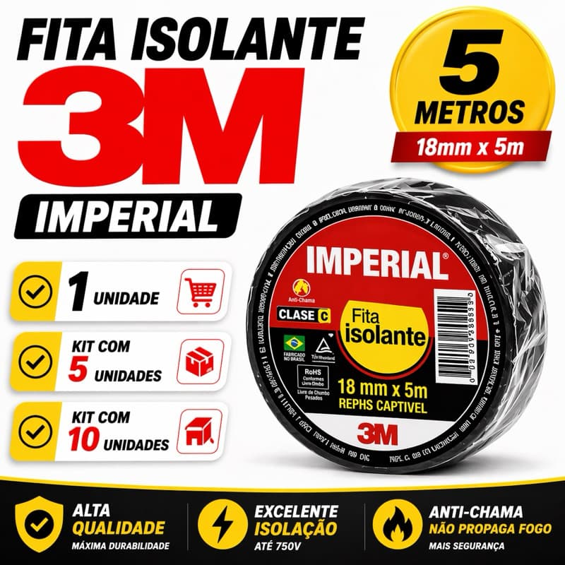 Fita Isolante 3M Imperial 5 Metros – Unidade, Kit com 5 ou Kit com 10