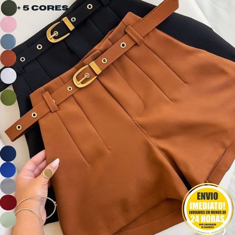 Short Alfaiataria Feminino Com Cinto E Bolso Cintura Alta