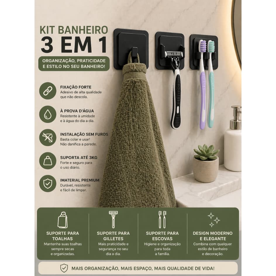 Kit Porta Toalha e Escovas + Suporte Gillette | Organizador de Parede Sem Furo | Forte, Impermeável e Fácil Instalação