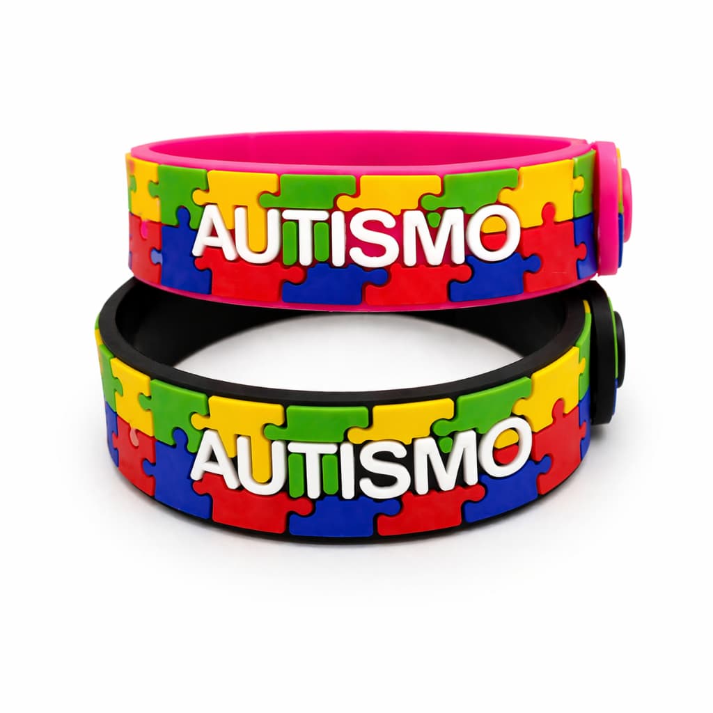 Pulseira Autismo Infantil Identificação Segurança Criança TEA Kit2 Silicone Ajustável Quebra-Cabeça