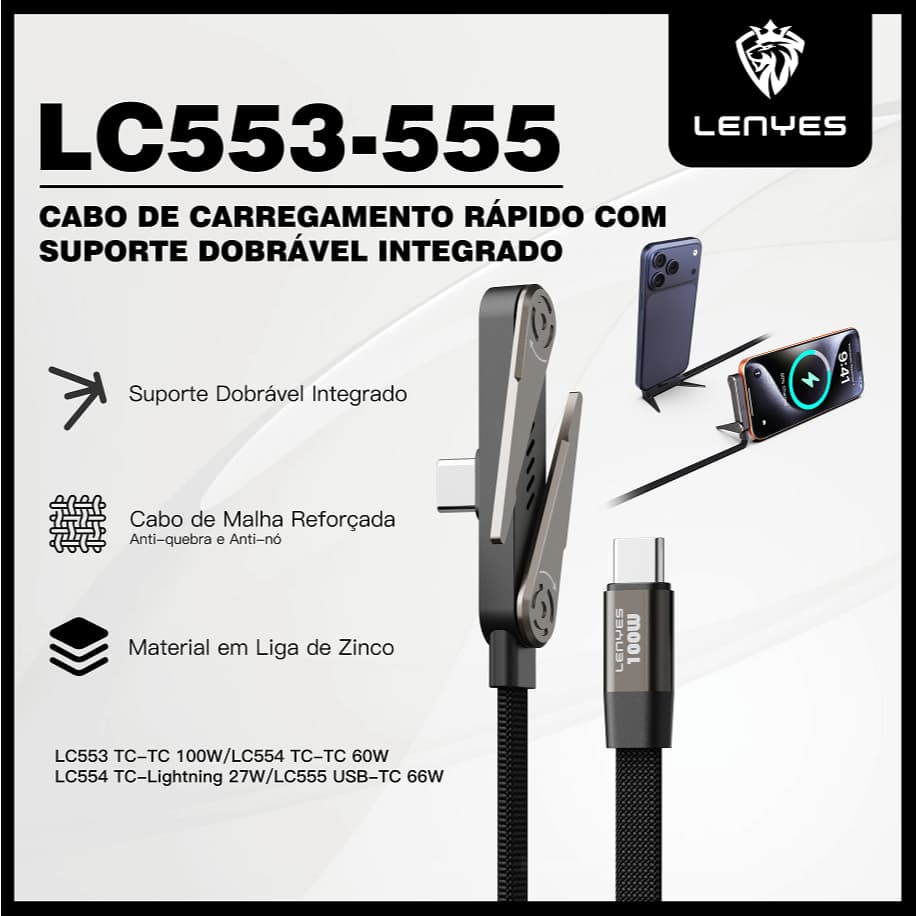Cabo Tipo C 100W Carregamento Rápido PD para iPhone e Android | 2 em 1 Carregador e Suporte LENYES