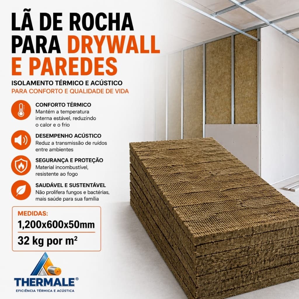 Lã de Rocha para Drywall e Paredes - 1200x600x50mm - 32kg m² - Isolamento térmico e acústico.