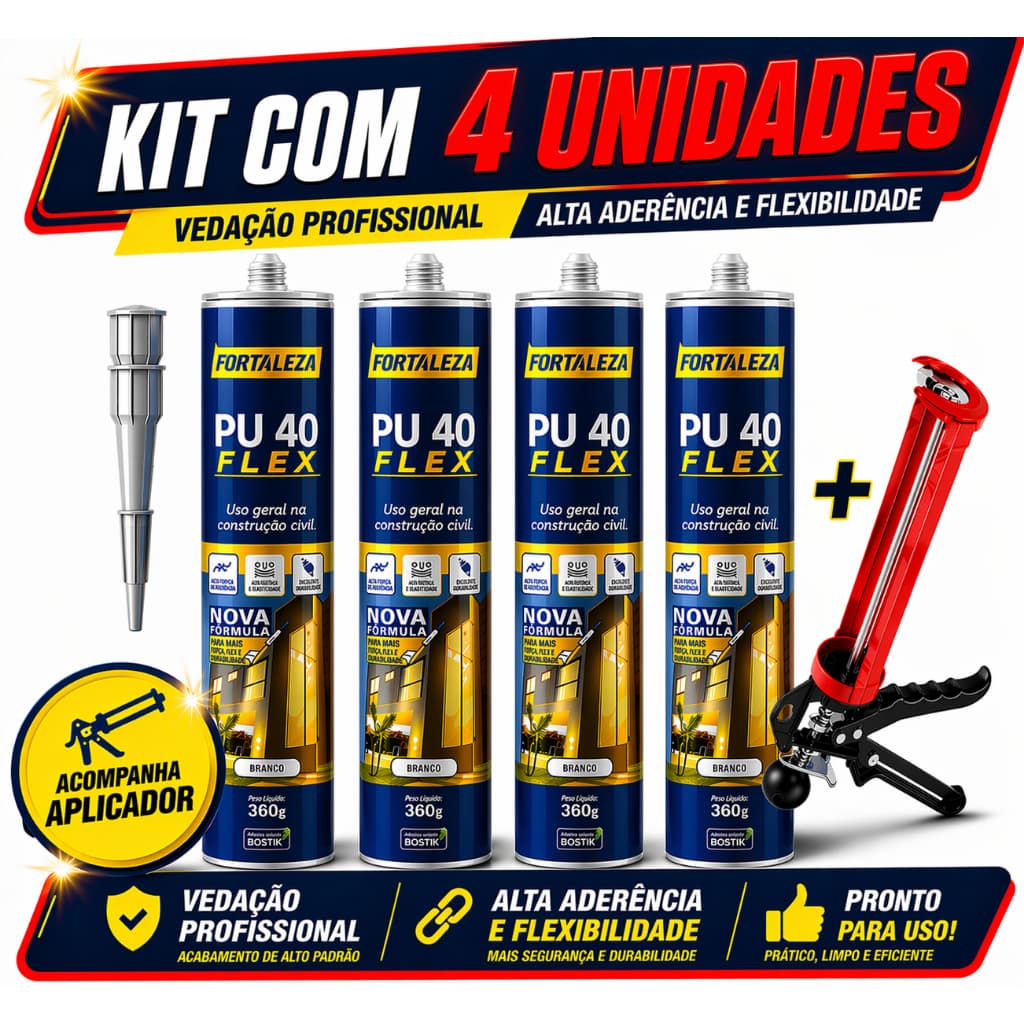Kit  4 Cola PU40 +1  Aplicador Reforçado Branco Cinza Preto Pedras Vidros Metais Placas 3D Madeira