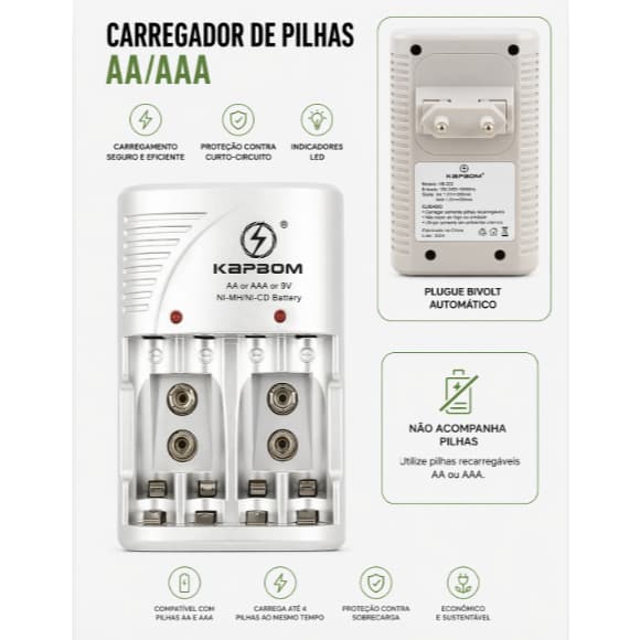 Carregador Universal de Pilhas AA AAA 9V  Bivolt com Indicador LED