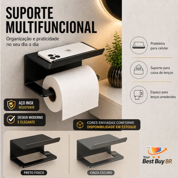 Suporte Papel Higiênico Premium Aço Inox Porta Celular | Sem Furo | Organizador Banheiro Moderno