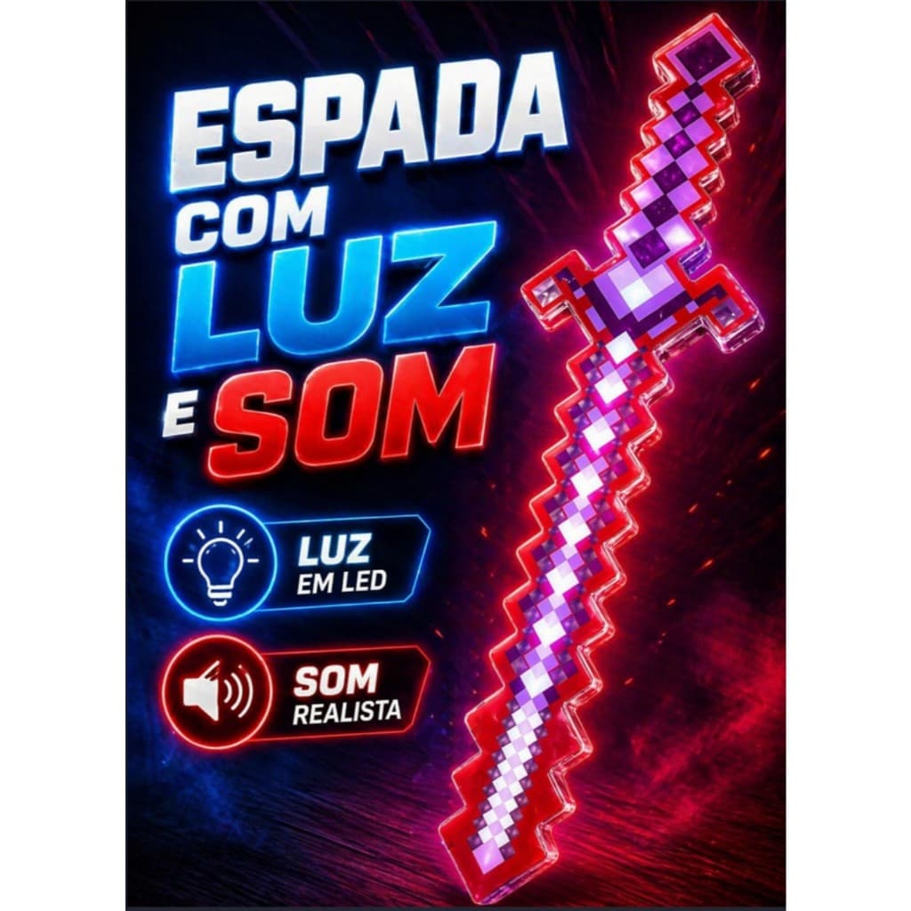 Espada Pixelada Diamante Com Luz De Led E Som Brinquedo 60cm