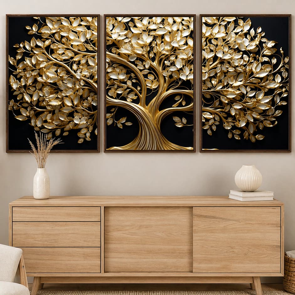 Quadro Decorativo 3 Peças Árvore da Vida Dourada Luxo Decoração Sala Moderna