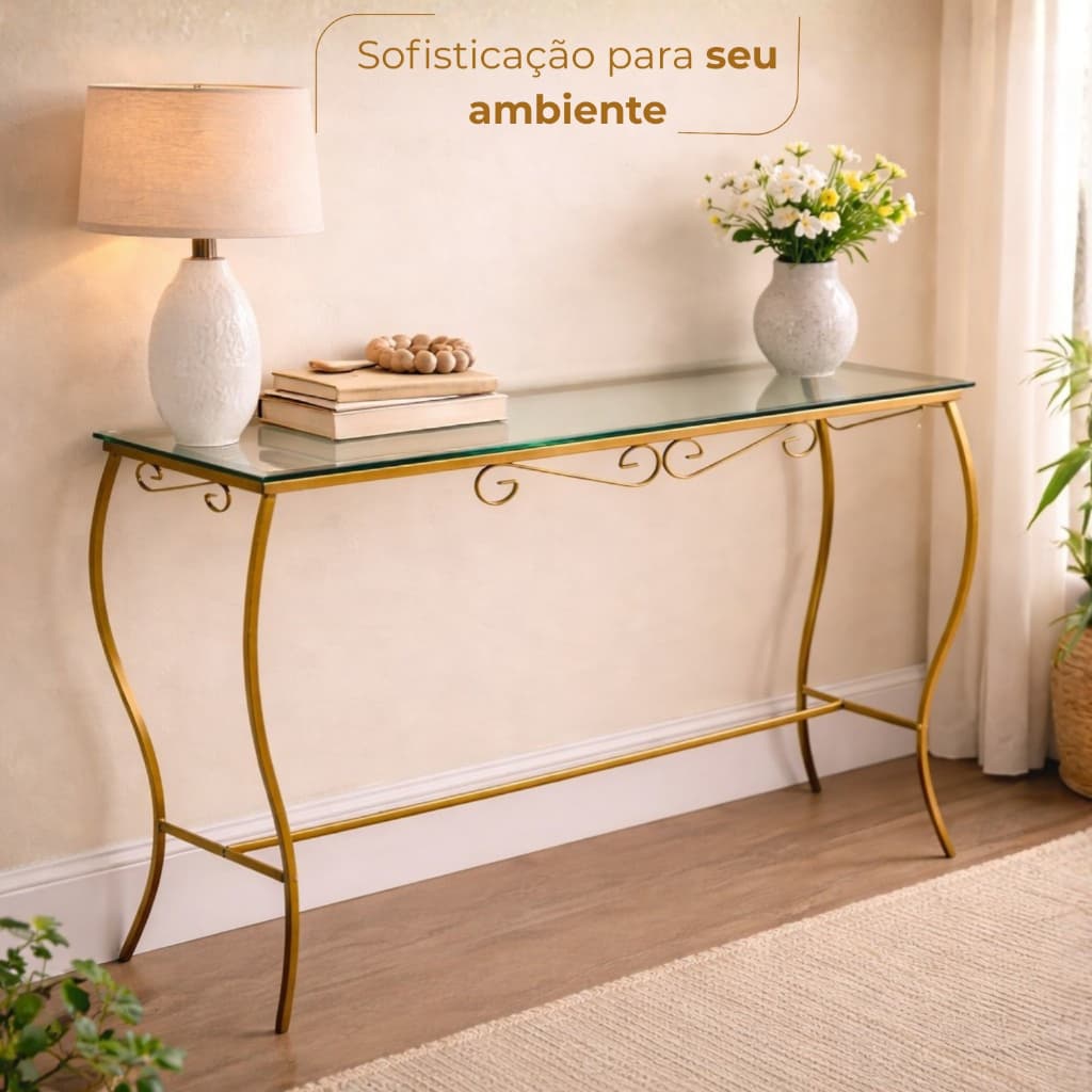 Aparador de Ferro Dourado Decoração Sala Móveis Mesa com Vidro Moderno Cantinho do Café Prateleira