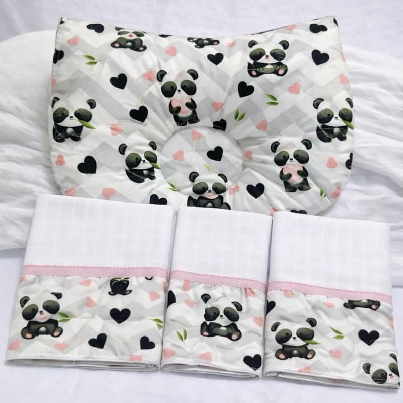 Kit 3 Fraldas de boca babete +1 Travesseiro Anatômico para bebê 100%Algodão bainhas menino e menina