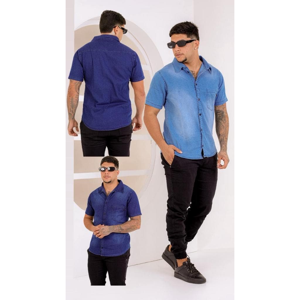 Blusa jeans manga curta. camisa jeans manga curta 100% algodão, camisa jeans slim