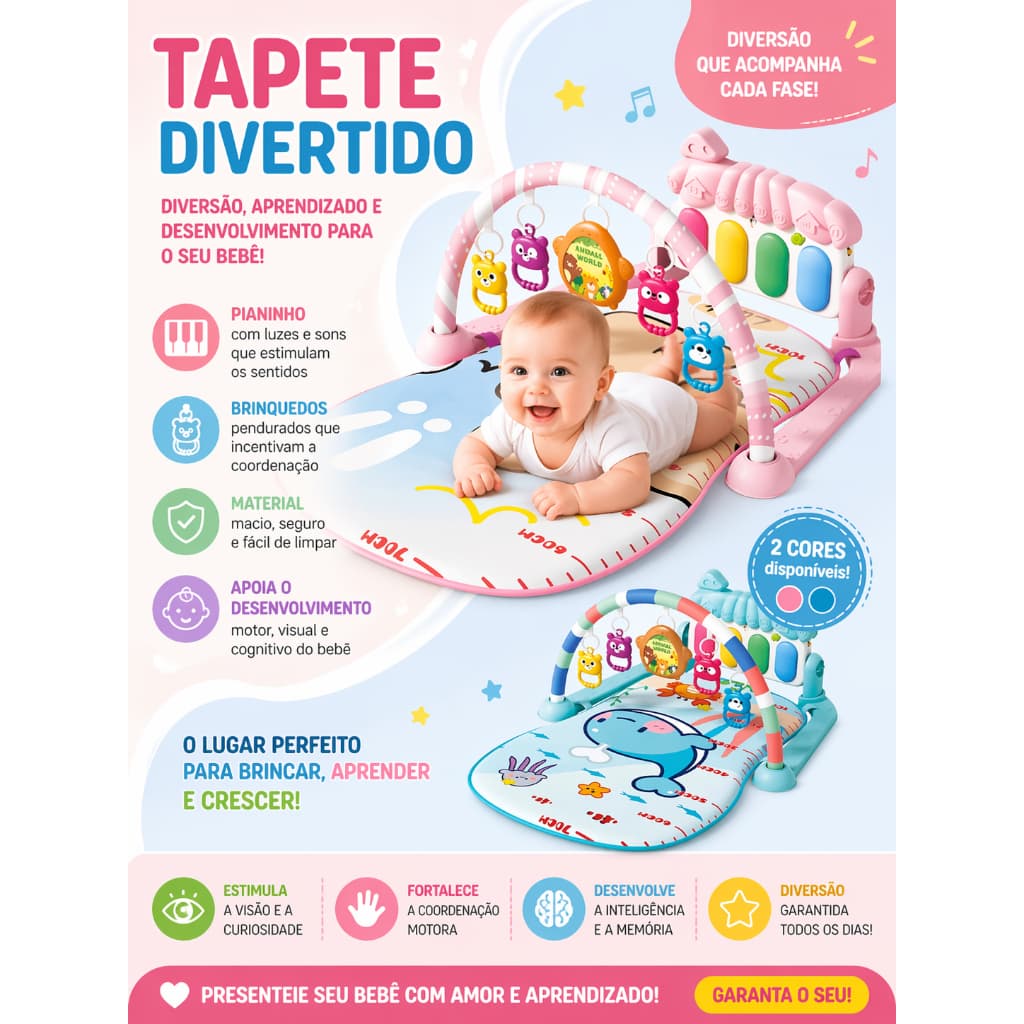 Tapete de Bebê com Atividades Musicais Azul ou Rosa Interativo Brinquedos Bebe