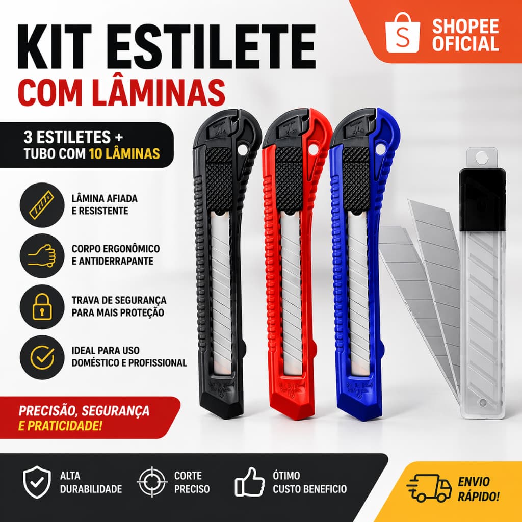 Kit 3 Estiletes 18mm Bazze + 10 Lâminas Extra | Super Afiado, Profissional e Resistente