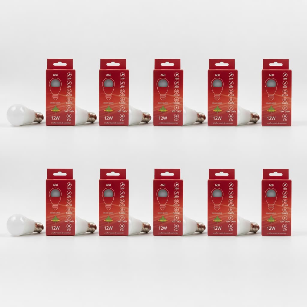 Kit com 10 Lâmpadas Led SMD A60 12W 100~240V 3000K