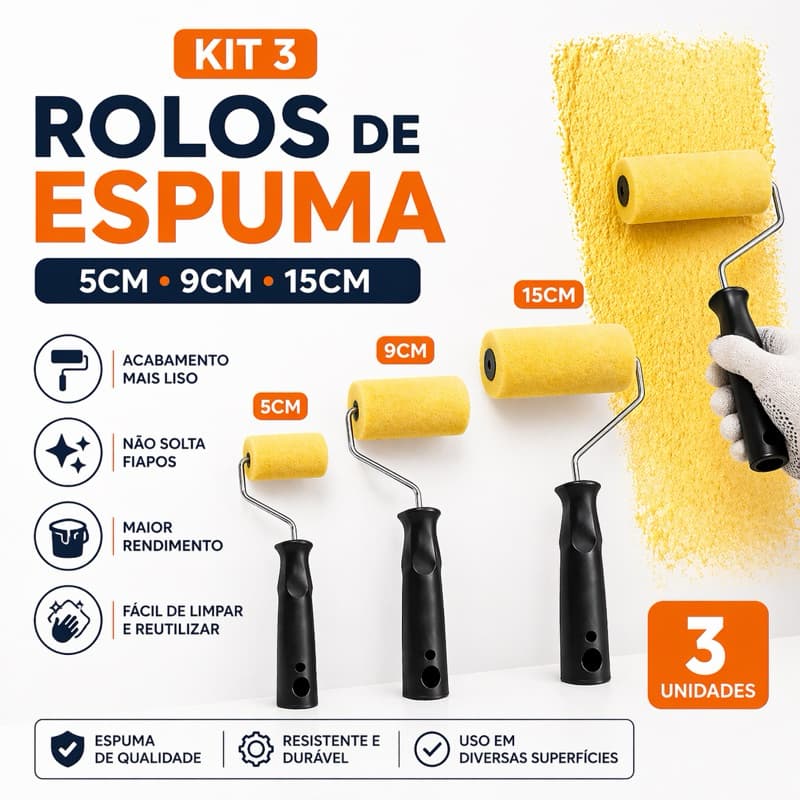 Rolo de Espuma 3 Tamanhos para Pintura – 5cm 9cm 15cm Alta Precisão e Cobertura