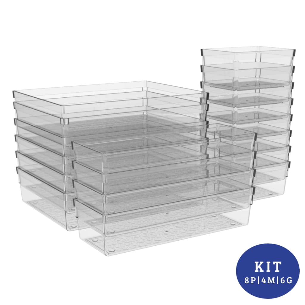 Kit 18 Organizadores Multiuso Tamanhos 8P, 4M, 6G Geladeira Gaveta Armários