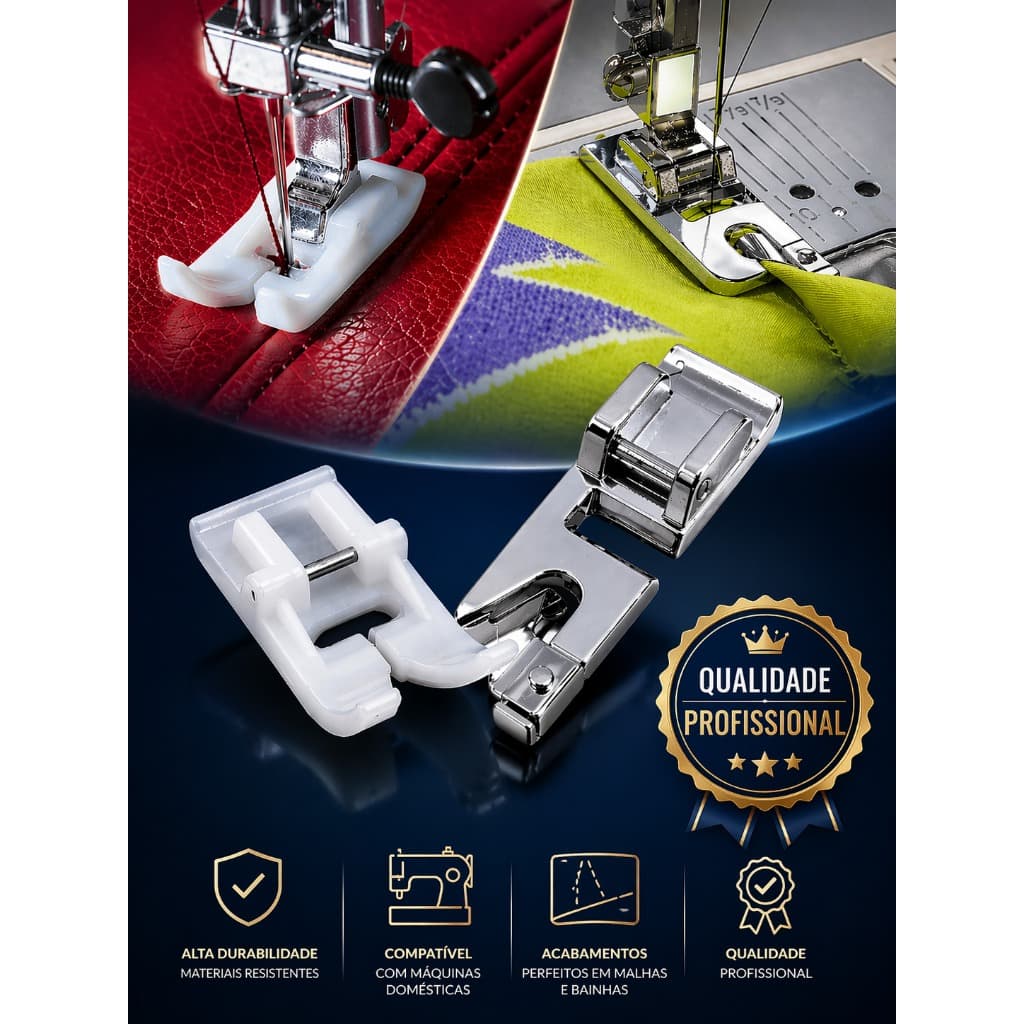 Kit 2 Calcadores Pé de Teflon Antiaderente Malha e Couro + Calcador de Bainha Enrolada Pé Sapata Sapatilha Profissional