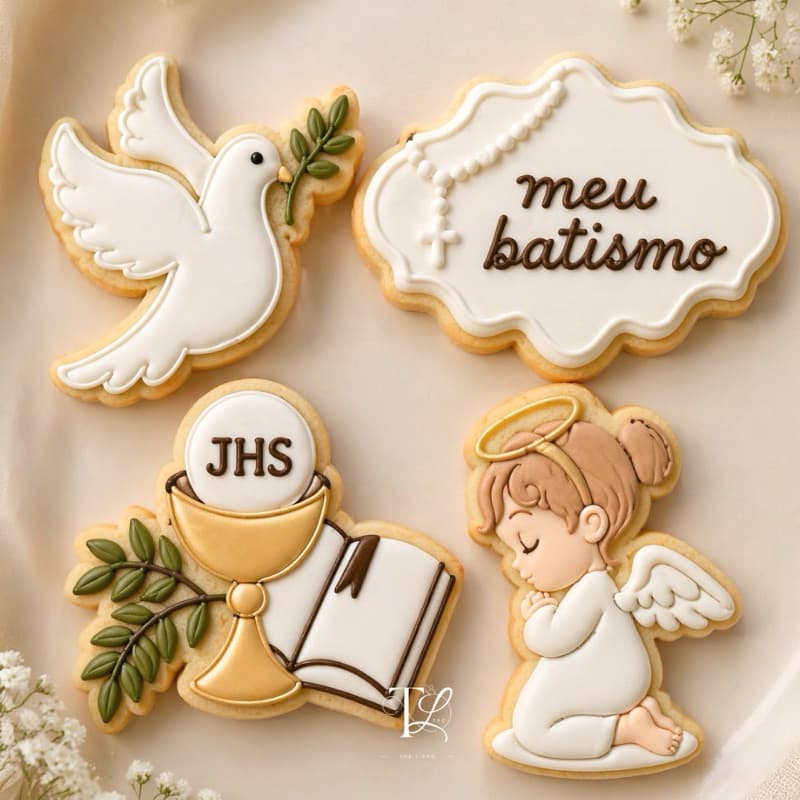Cortador e Carimbo de Biscoito Meu batismo de 8cm, 4 peças Artigo de Confeitaria Batismo, Anjinho, Pombo da paz