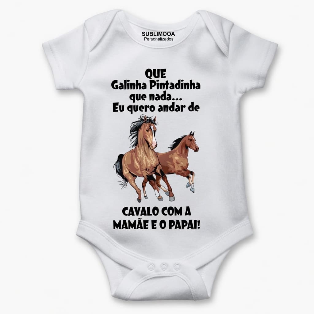 Body Bebê Personalizado – Cavalo com a Mamãe e o Papai – Poliéster + Elastano – Estica! 🐴👨‍👩‍👧