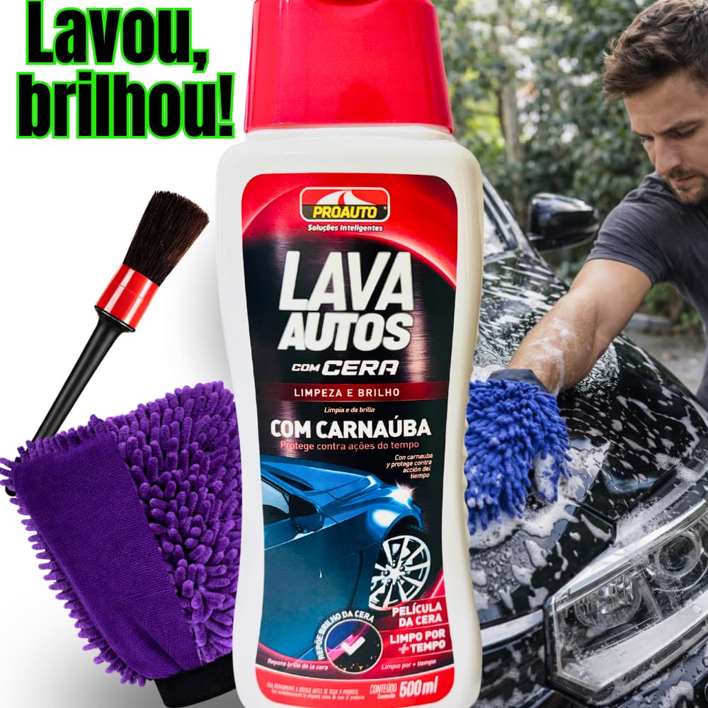 Kit C/ Shampoo Automotivo C/ Cera Carnaúba Alto Brilho 500ml Liquido + Luva Microfibra Acompanha Acêssorios