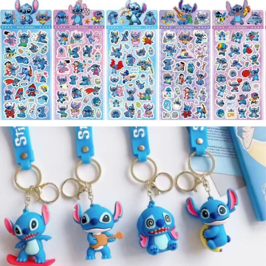 KIT 10 CARTELAS DE ADESIVOS STITCH & ANGEL + CHAVEIRO – EFEITO HOLOGRÁFICO