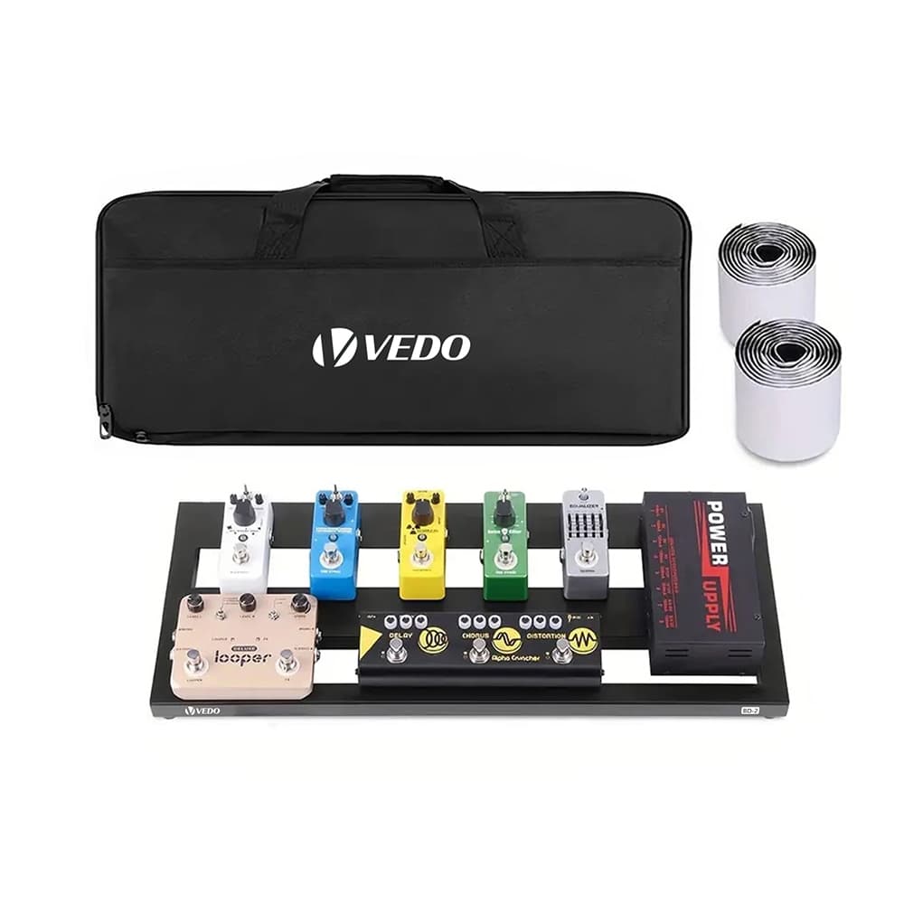 Pedalera para guitarra em liga de alumínio com compartimentos para pedais de efeito, espaço de armazenamento e cabo de