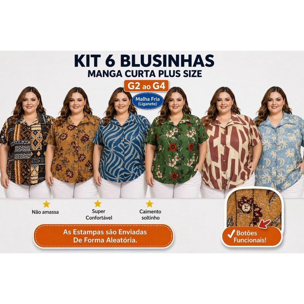 Kit 6 Camisas Plus Size Manga Curta Feminina Conforto Garantido Malha Fria G2 ao G4 Atacado