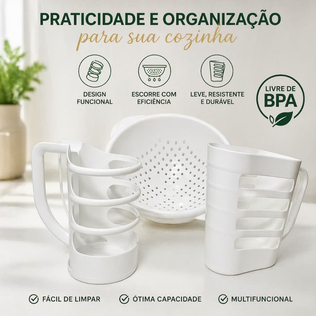 Kit Cozinha Branco 3 Peças Porta Óleo + Porta Leite + Escorredor