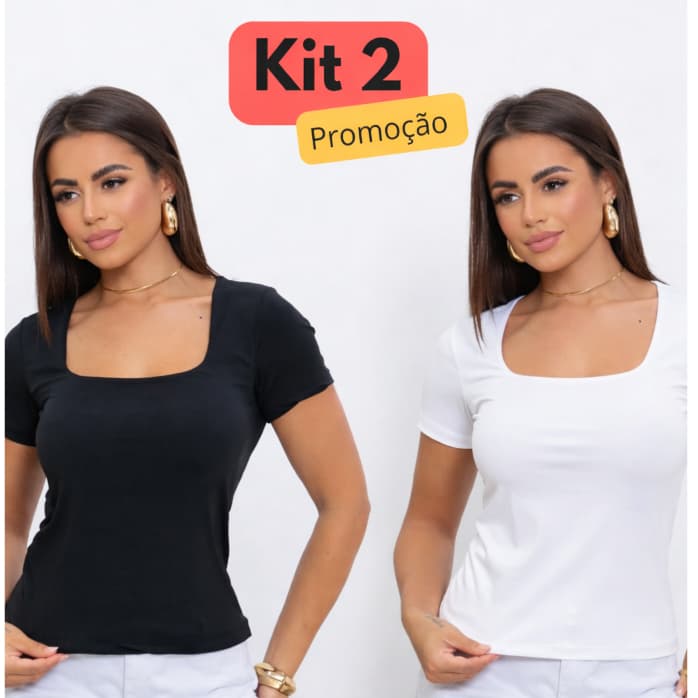 Kit 2 Blusa feminina Suplex Baby Tee Decote Quadrado Manga Curta Premium Verão Academia
