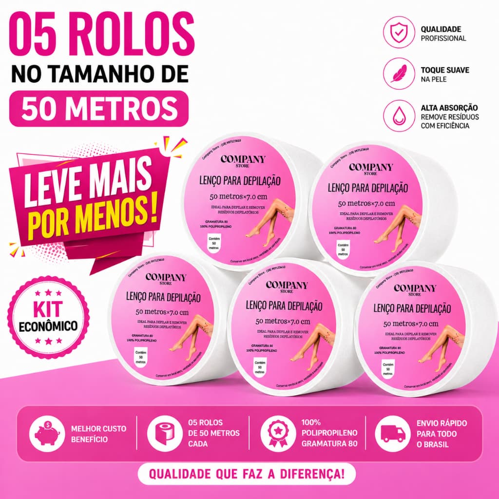 KIT 05 ROLOS Tnt Para Depilaçao  Gramatura 80% 7,0cm 50 Mts Papel para Depilaçao, Lenço de Depilaçao