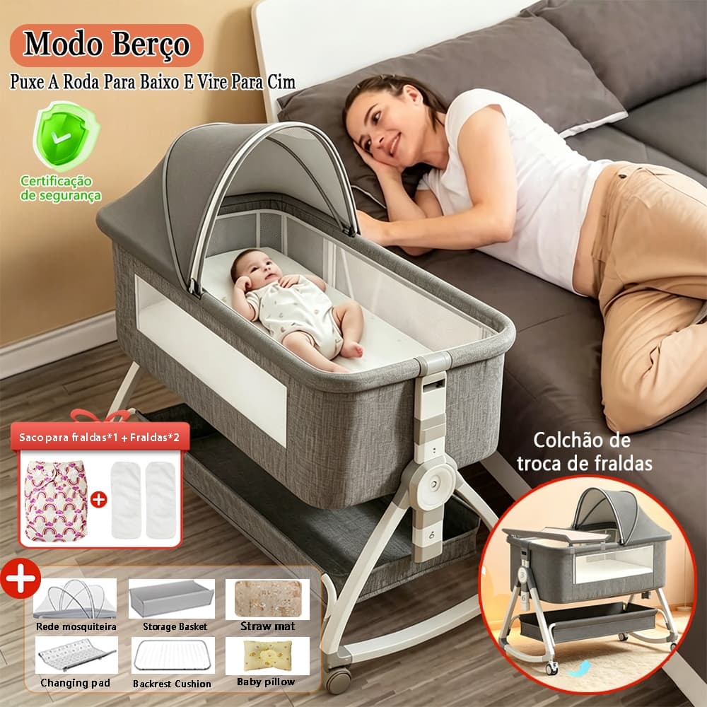 Berço Moisés Portátil Com Balanço Suave E Mosquiteiro Incluso Kit Completo De 9 Peças Na Cor Cinza