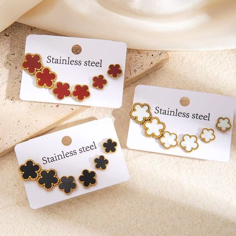 Trio de Brincos Trevo Vermelho em Aço Inoxidável Anti-alérgico, Não Desbota, Estilo LuxuosoeElegante