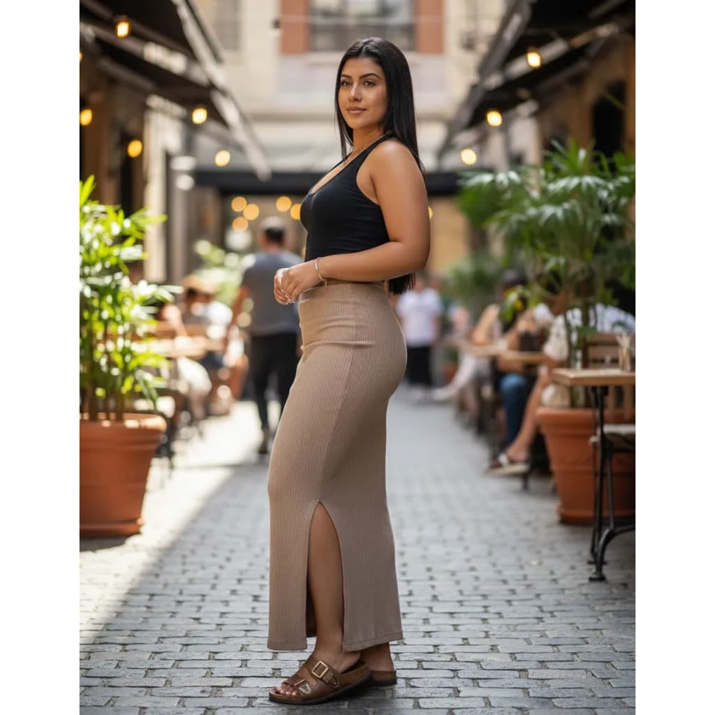 Saia Longa Feminina Em Ribana Canelada Elegante E Confortável Com Abertura Na Lateral